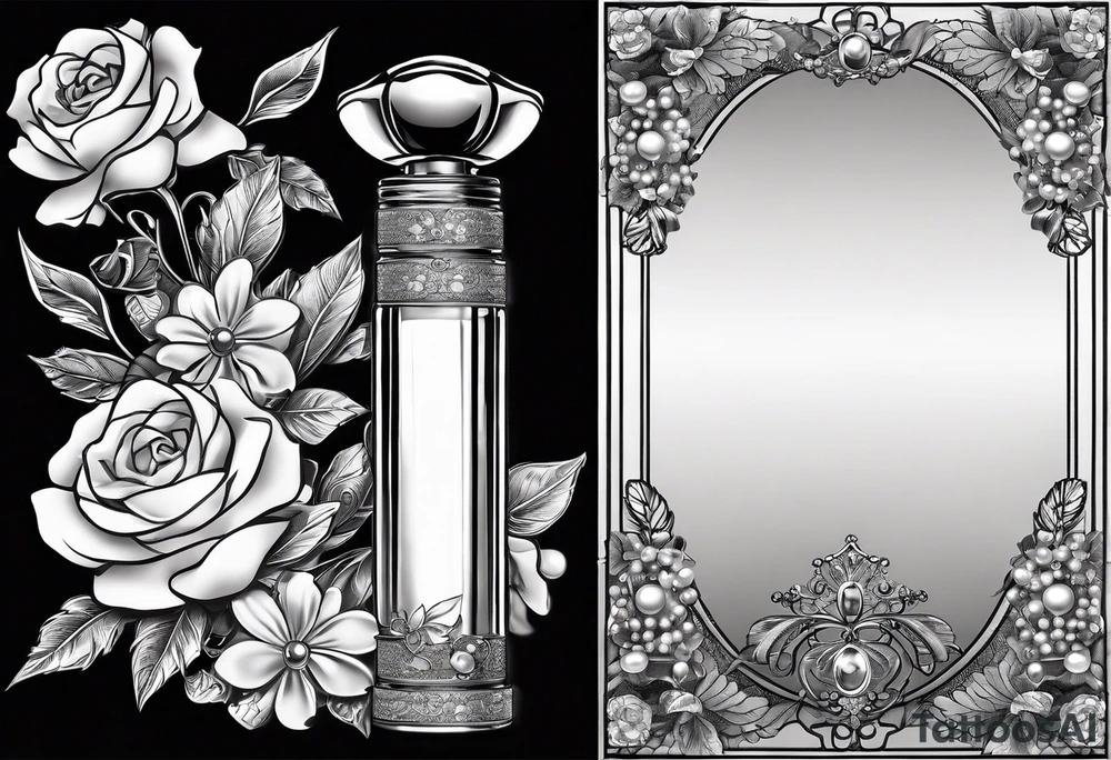 1950s perfume bottle and 1950s lipstick tube wrapped with pearls, hair bows, flowers, and lace. tattoo idea