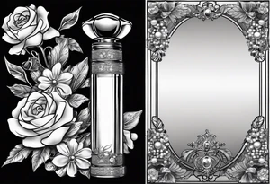 1950s perfume bottle and 1950s lipstick tube wrapped with pearls, hair bows, flowers, and lace. tattoo idea