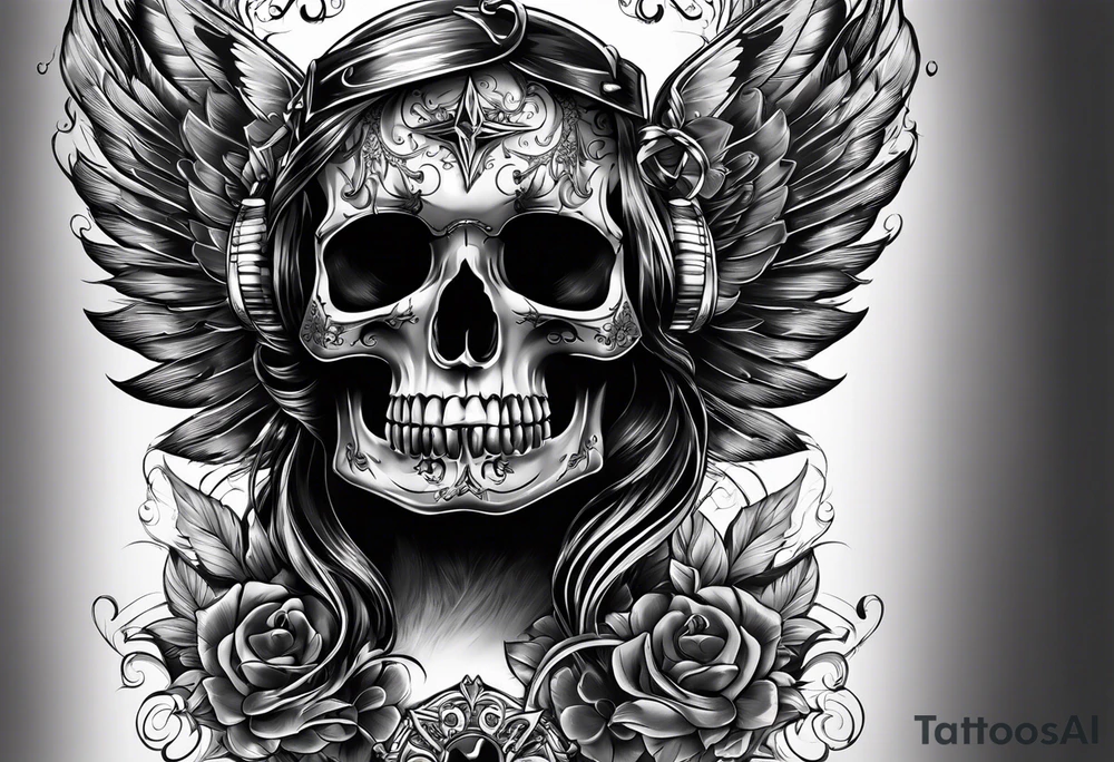 Tattooed skull with angel wings. Name Leah written under in gothic letters. tattoo idea