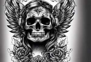 Tattooed skull with angel wings. Name Leah written under in gothic letters. tattoo idea