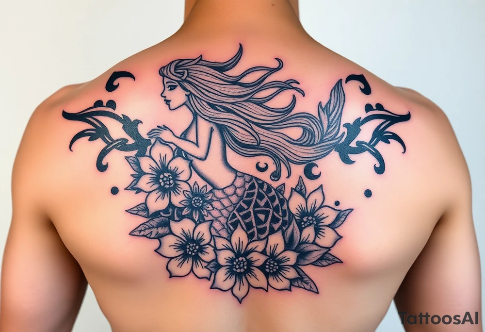 ethereal mermaid with flowing hair among coral and sea flowers tattoo idea