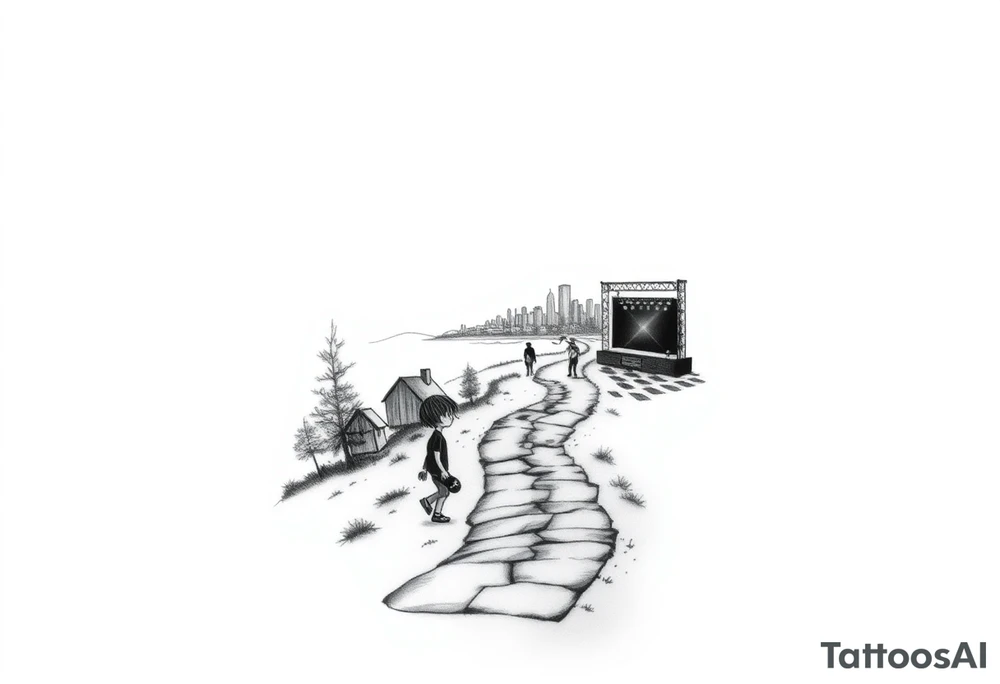 black and white tattoo (half-sleeve on shoulder): path beginning in the bottom end and winding upwards. The first third starting at the bottom is sourrounded by few trees and small houses. There is a child walking. On the second third, the path changes to a street, which leads through a city. The has grown into adolescence and is walking the street with a skateboard in one hand. A few friends are besides the person, attending a heavy metal concert which, is taking place on a stage besides the path. tattoo idea