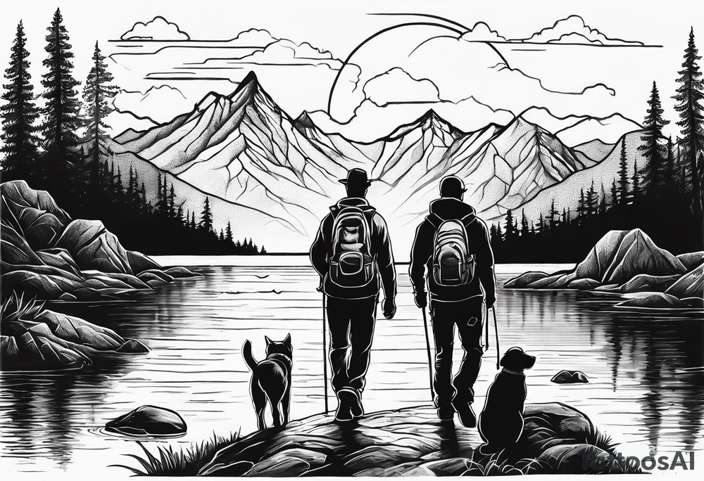 nature, sunset, mountains, a father and son hiking with their dog and cat by the water tattoo idea