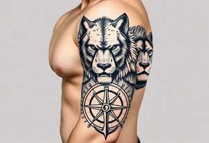 stacked wolf, bear, lion, faces; surrounded by a broken old school compass with anchor on the bottom tattoo idea