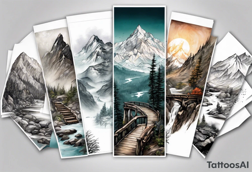 mountain landscape with a foot bridge connecting mountains tattoo idea