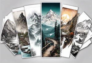 mountain landscape with a foot bridge connecting mountains tattoo idea