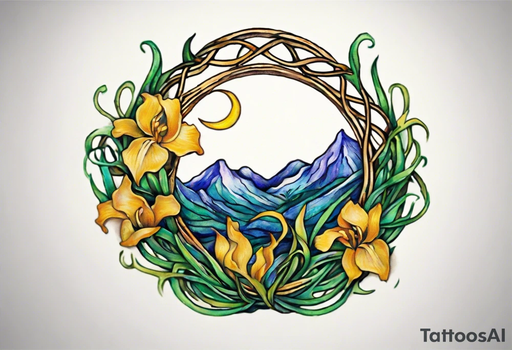 Create a small, colorful Vincent van Gogh Irises tattoo in the form of a crescent, with vines in Celtic knot style gracefully intertwining at a central point in the middle of the wreath. The intended placement is on the upper chest. The middle needs mountains. The overall design should be small in size while maintaining a delicate and artistic aesthetic. Pay attention to the graceful flow of the vines and the placement of the irises to achieve a refined and elegant look. tattoo idea