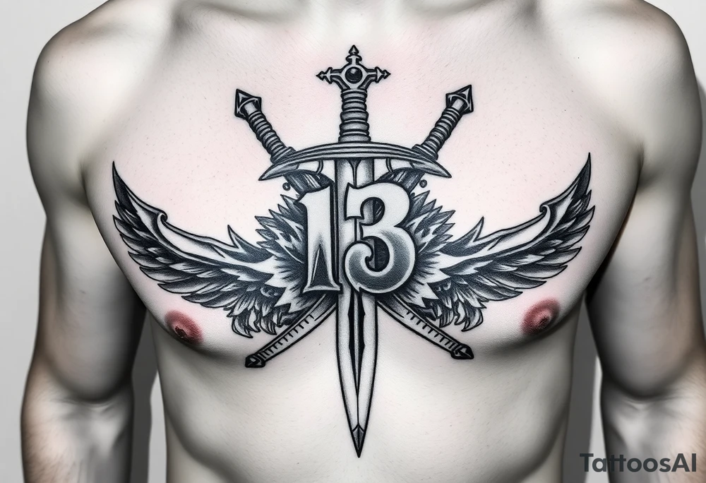 The Number 13, The Toledo Mudhens Baseball Team, And Demonic And Midevel dagger Featurs Made Into A Big Family Crest Tattoo On A Masculine guy that looks bad ass and unique. tattoo idea