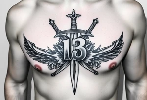 The Number 13, The Toledo Mudhens Baseball Team, And Demonic And Midevel dagger Featurs Made Into A Big Family Crest Tattoo On A Masculine guy that looks bad ass and unique. tattoo idea