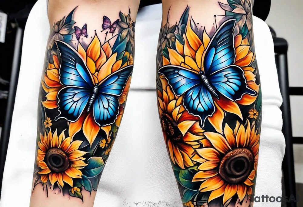 Winged cross with sunflowers and butterflies lower leg sleeve tattoo idea