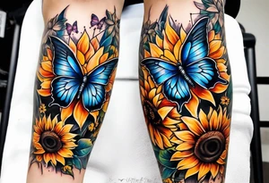 Winged cross with sunflowers and butterflies lower leg sleeve tattoo idea