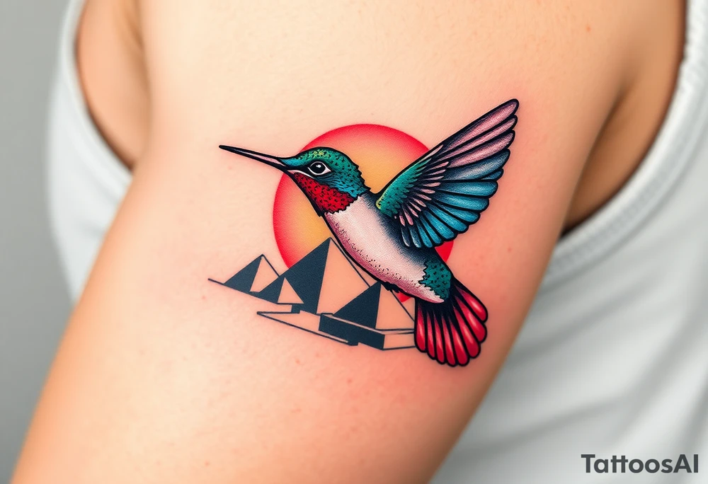 A hummingbird flying over the pyramids at sunrise(only red , blue and black are possible colors) tattoo idea