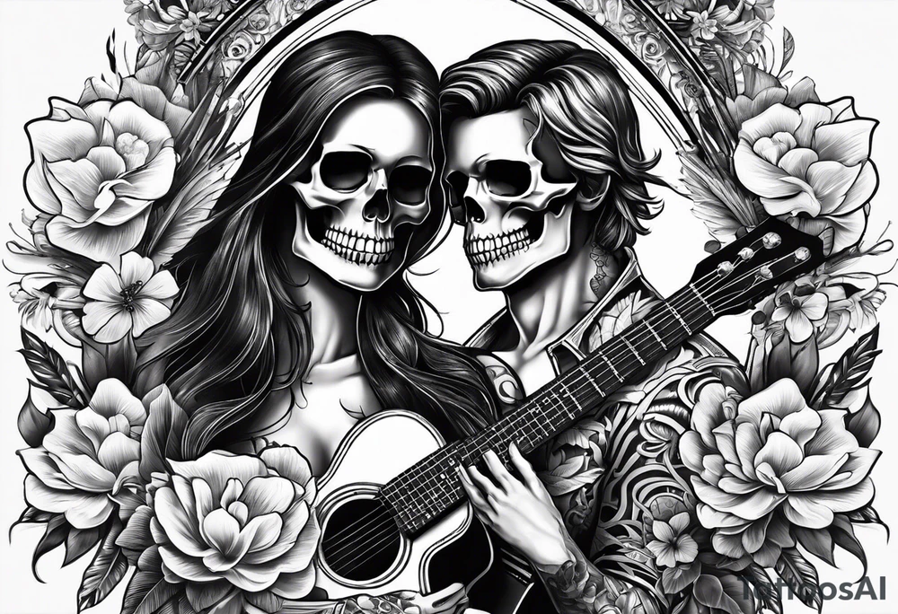 a female and male skeleton in love. The female has hibisucs flowers and the male is playing the guitar tattoo idea