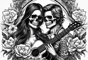 a female and male skeleton in love. The female has hibisucs flowers and the male is playing the guitar tattoo idea