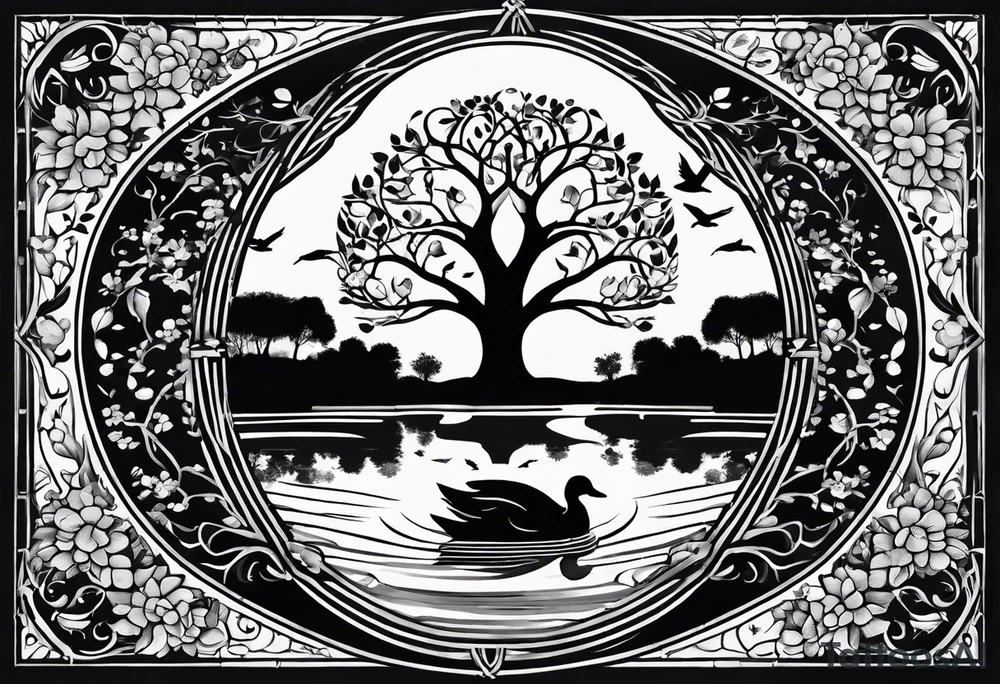 Tree of life in an open circle with birds flying off representing family members. Duck on a pond below tattoo idea