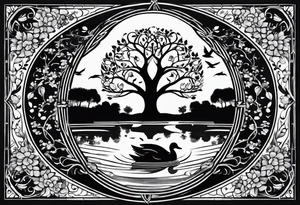 Tree of life in an open circle with birds flying off representing family members. Duck on a pond below tattoo idea