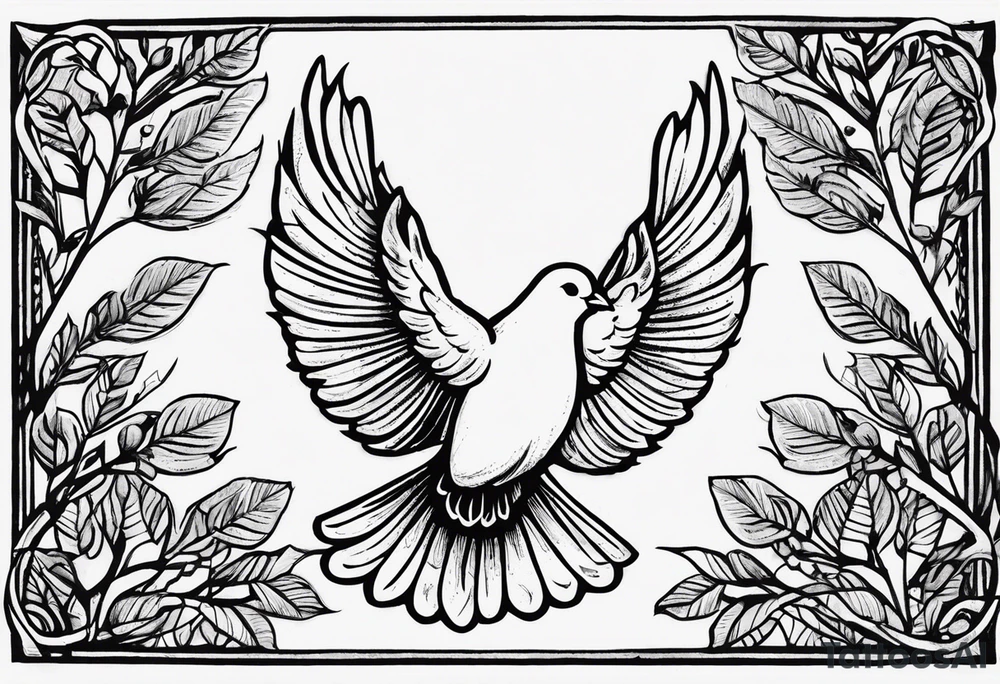 Dove soring through the air clasping an olive branch in its talons. The olive branch is fluttering in the wind with leaves from the branch floating behind the dove. The leaves transform into spear heads the further away from the dove they get. The words 'Si vis Pacem, para bellum' is boldly transcribed underneath the scene tattoo idea