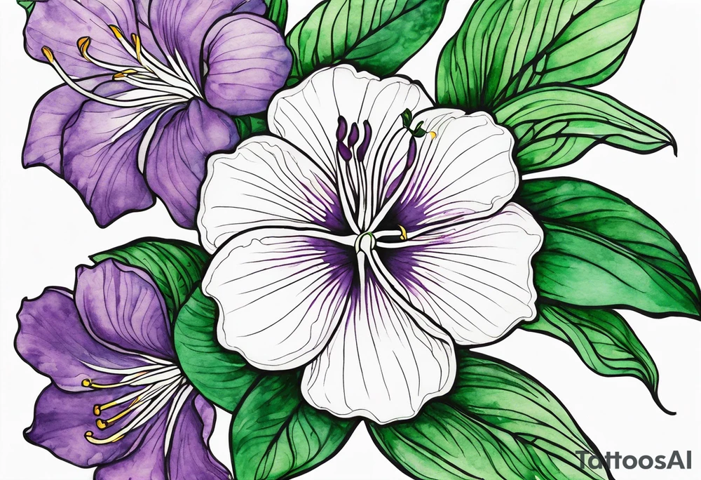 An outline of a rio dipladenia flower with a green and purple watercolor paint in the background tattoo idea