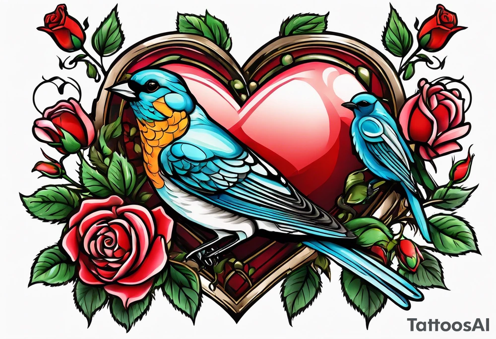 roses, birds, heart tattoo idea