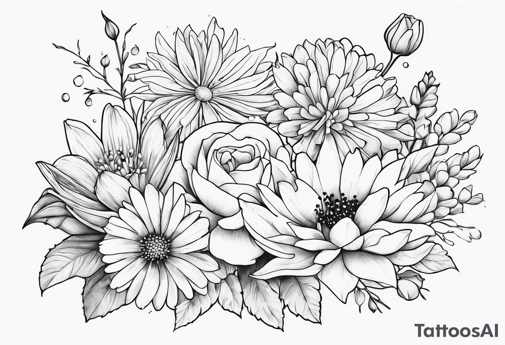 Asters, roses, lily of the valley, and chrysanthemums in a long line tattoo idea