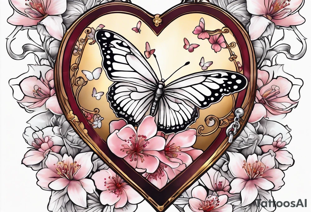 Cherry Blossom Tattoo with a key that unlocks a heart surrounded by white butterflies and in a golden aura tattoo idea