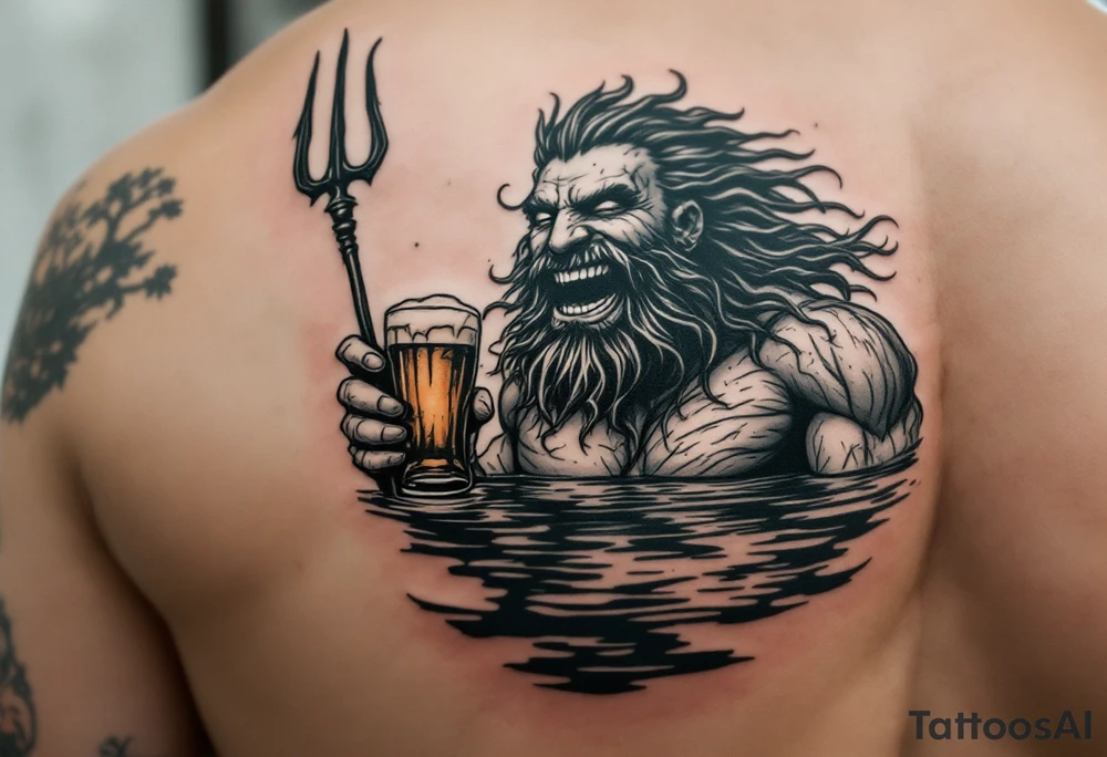laughing poseidon in calm water, holding a trident, holding a beer tattoo idea