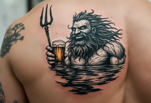 laughing poseidon in calm water, holding a trident, holding a beer tattoo idea