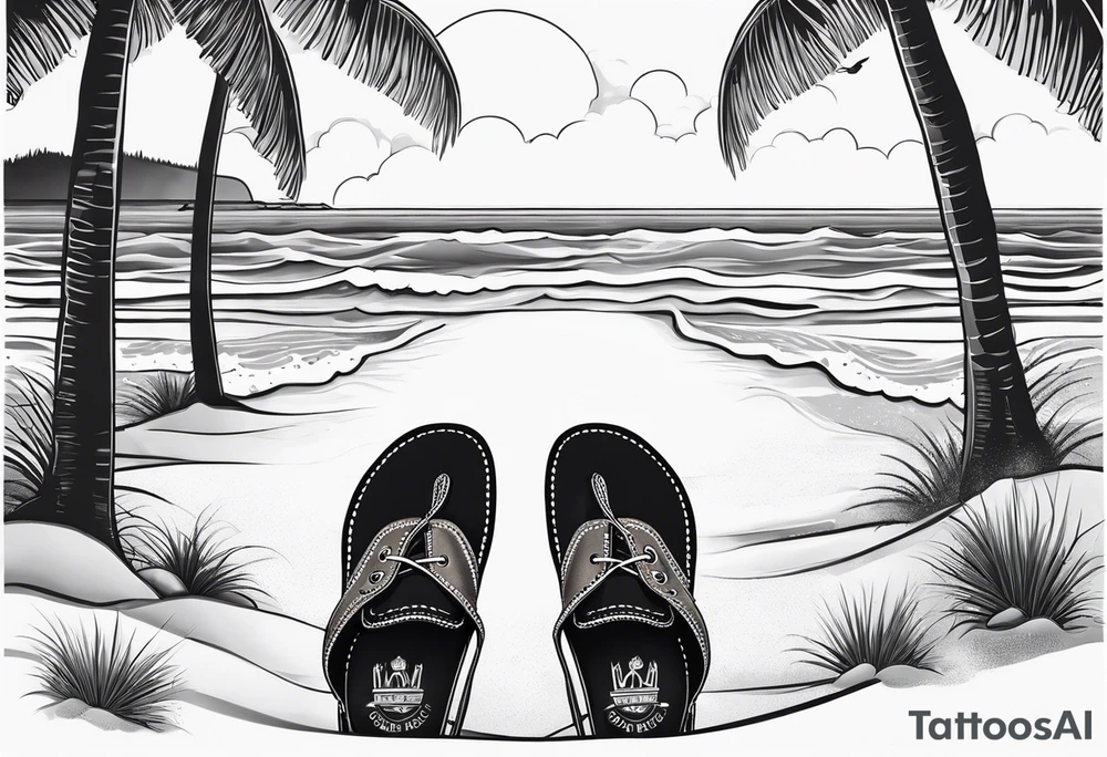 Two flip flops next to a pair of timberland boots on the Beach. tattoo idea