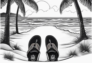 Two flip flops next to a pair of timberland boots on the Beach. tattoo idea