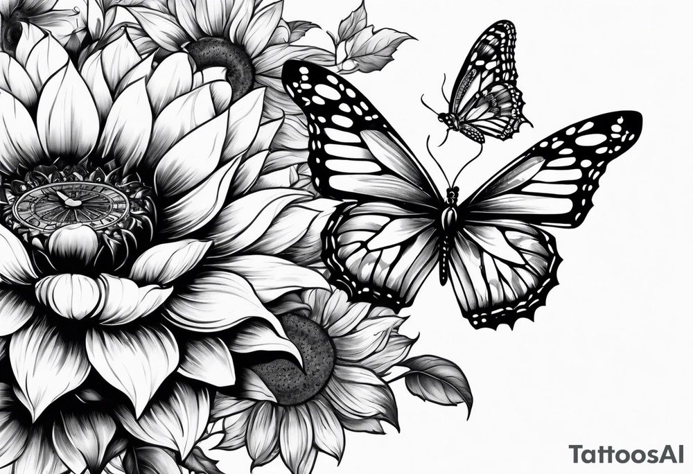 Sleeve with clock, sunflower and butterfly tattoo idea