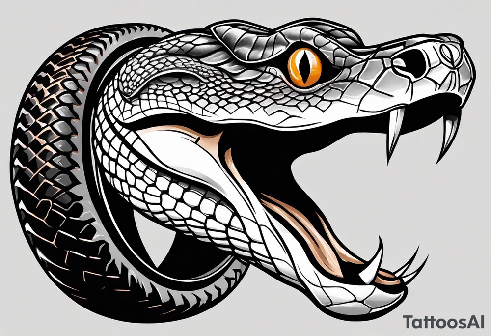 black and white drawing of a snake head with copper eyes an open mouth with mountain bike tire tread tattoo idea
