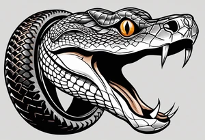 black and white drawing of a snake head with copper eyes an open mouth with mountain bike tire tread tattoo idea