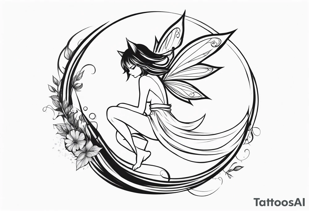 No color sketch of a fairy with a tail inspired by the guild symbol in the anime show called Fairy Tail in a fetal position leaning in and forward while crawled in hugging herself floating tattoo idea