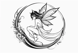 No color sketch of a fairy with a tail inspired by the guild symbol in the anime show called Fairy Tail in a fetal position leaning in and forward while crawled in hugging herself floating tattoo idea