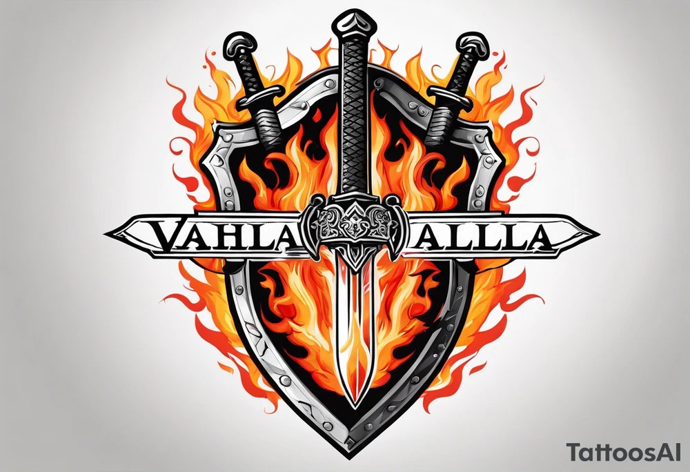 Valhalla on  fire shield sword tattoo idea