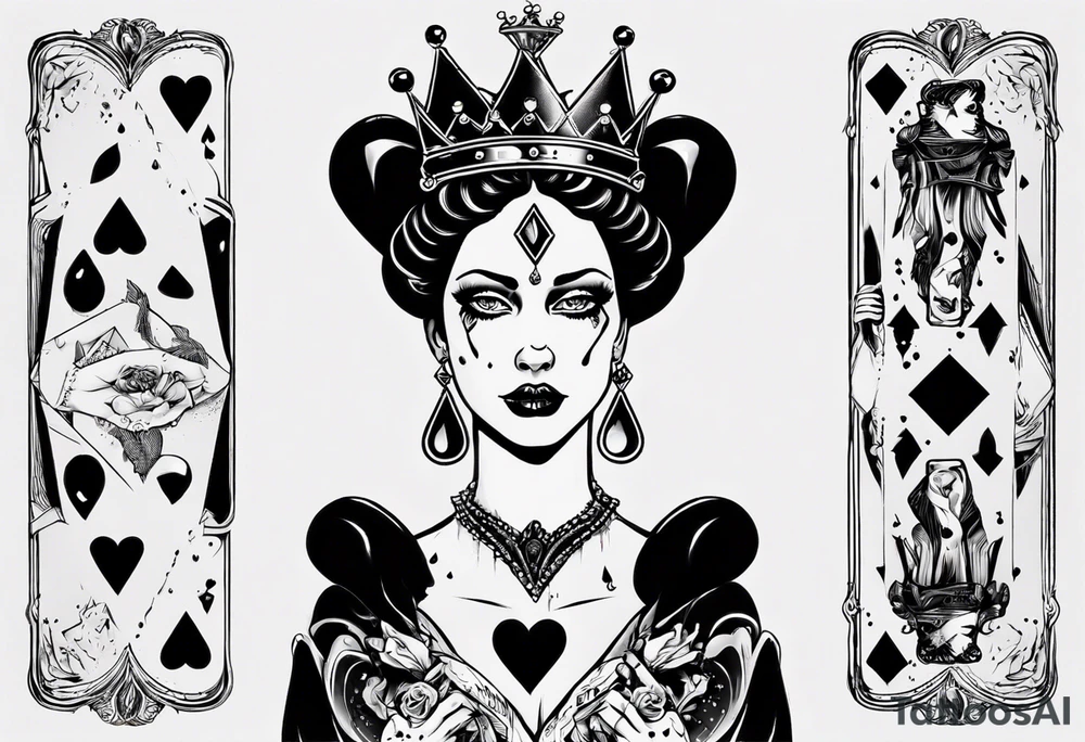 queen of hearts card with the queen holding a diamond and crying black tears, with blank eyes tattoo idea