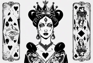 queen of hearts card with the queen holding a diamond and crying black tears, with blank eyes tattoo idea