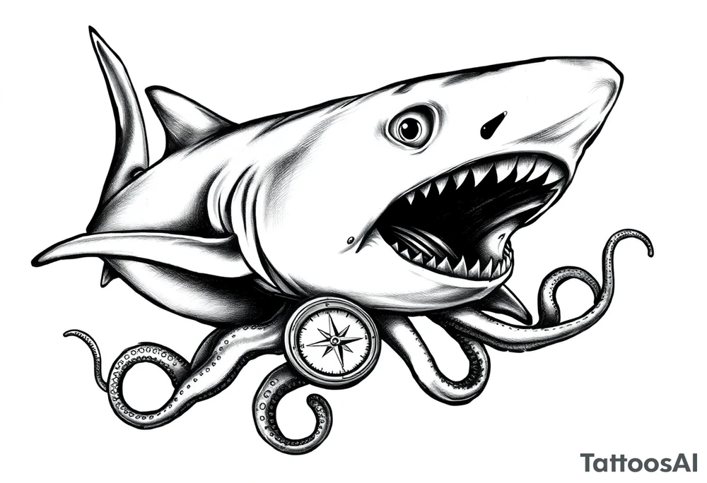 hammerhead- shark with open mouth,under it a compass,octopus. tattoo idea