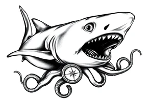 hammerhead- shark with open mouth,under it a compass,octopus. tattoo idea