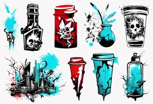 Xoil and Banksy art style, copo americano de boteco, palito de fósforo,  abstract,  cyan and red, acquarel, fractal tattoo idea