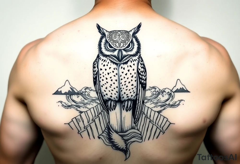 Masked owl overlooking a trench with waves in the background tattoo idea