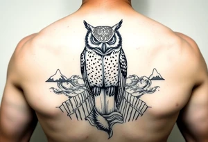 Masked owl overlooking a trench with waves in the background tattoo idea