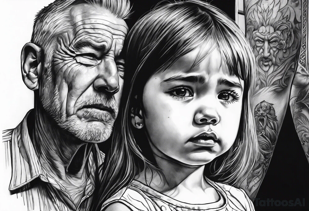 Little girl crying in the mirror with older self looking back and father spirit standing behind tattoo idea