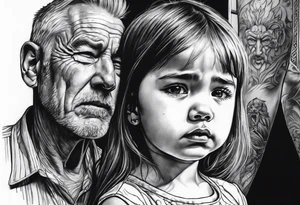 Little girl crying in the mirror with older self looking back and father spirit standing behind tattoo idea