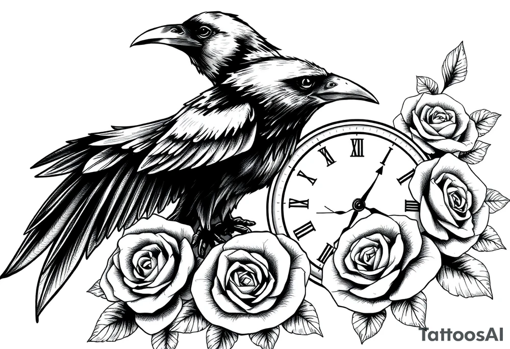 raven,roses,clock. tattoo idea
