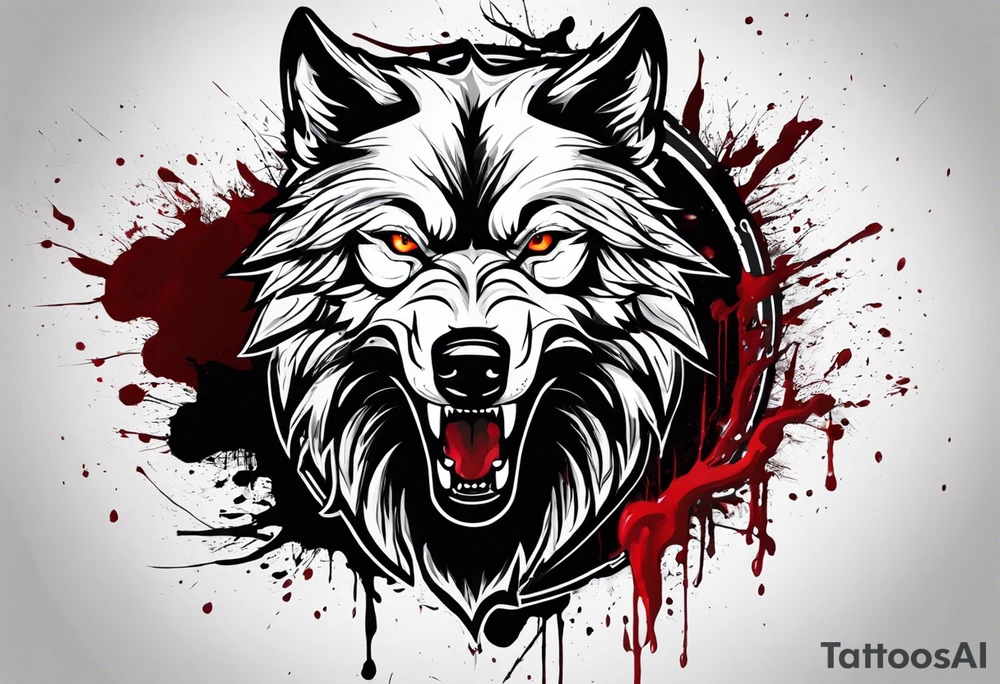 Create aggressive WOLF, with some blood coming out of his mouth and saliva. BLOOD IN THE BACKGROUND. Make it a drawing and use the image of reference. I am going to add. I want HIM TO BE ANGRY WITH RED EYES use VICIOUS WOLF THATS ANGRY tattoo idea