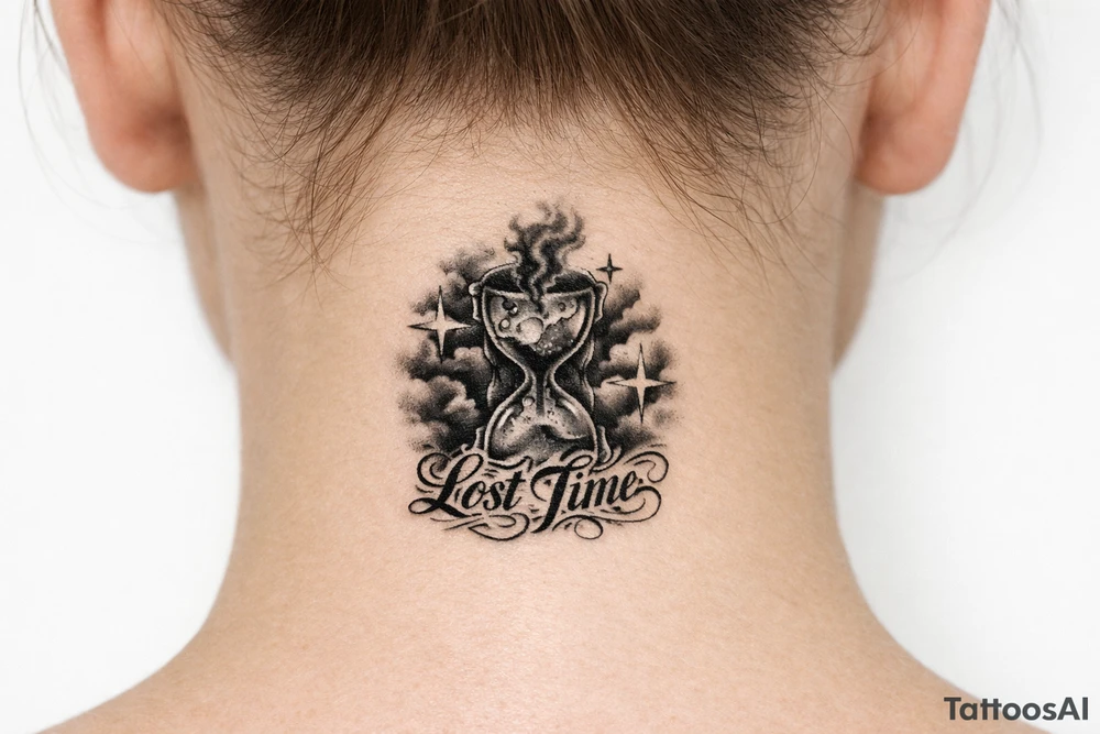 Black and grey realism tattoo design of a cracked, shattered hourglass centered in dark heavy clouds. Sand and dark smoke floating upward out of the glass. Custom gothic script lettering that says "Lost Time" wrapped around the base. Chicano style shading, deep blackwork background, sharp 4-point sparkle stars, high contrast, clean white background, tattoo stencil style tattoo idea