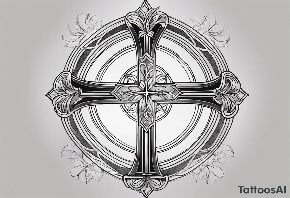 Realistic Tattoo: A refined cross with a soft halo surrounding it, symbolizing light and spirituality. Delicate rays extend outward from the halo, adding a subtle glow and depth. The cross itself is simple and elegant, with potential for small, intricate line details within the design. Style: Realism tattoo idea