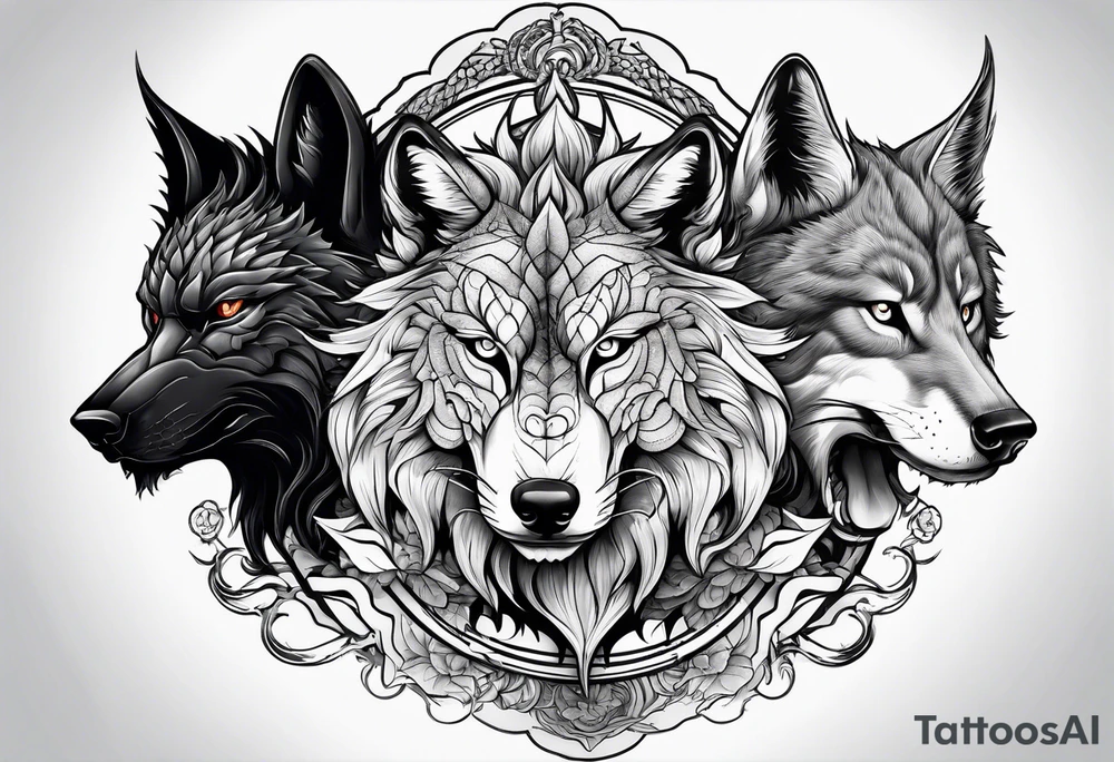 THREE ANIMAL HEADS ONLY MERGED, A CHINESE DRAGON A WOLF AND A CAT tattoo idea