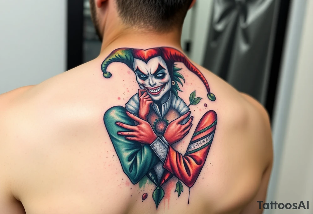 a toxic power jester couple holding each other with cheeks being pulled to force smile tattoo idea